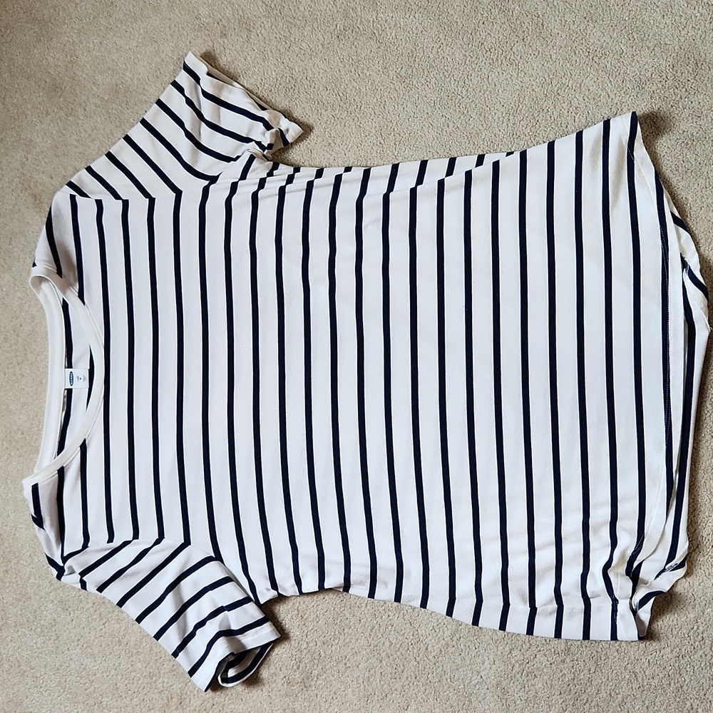 Old Navy Short Sleeve White with Dark Navy Stripe Shirt - Medium